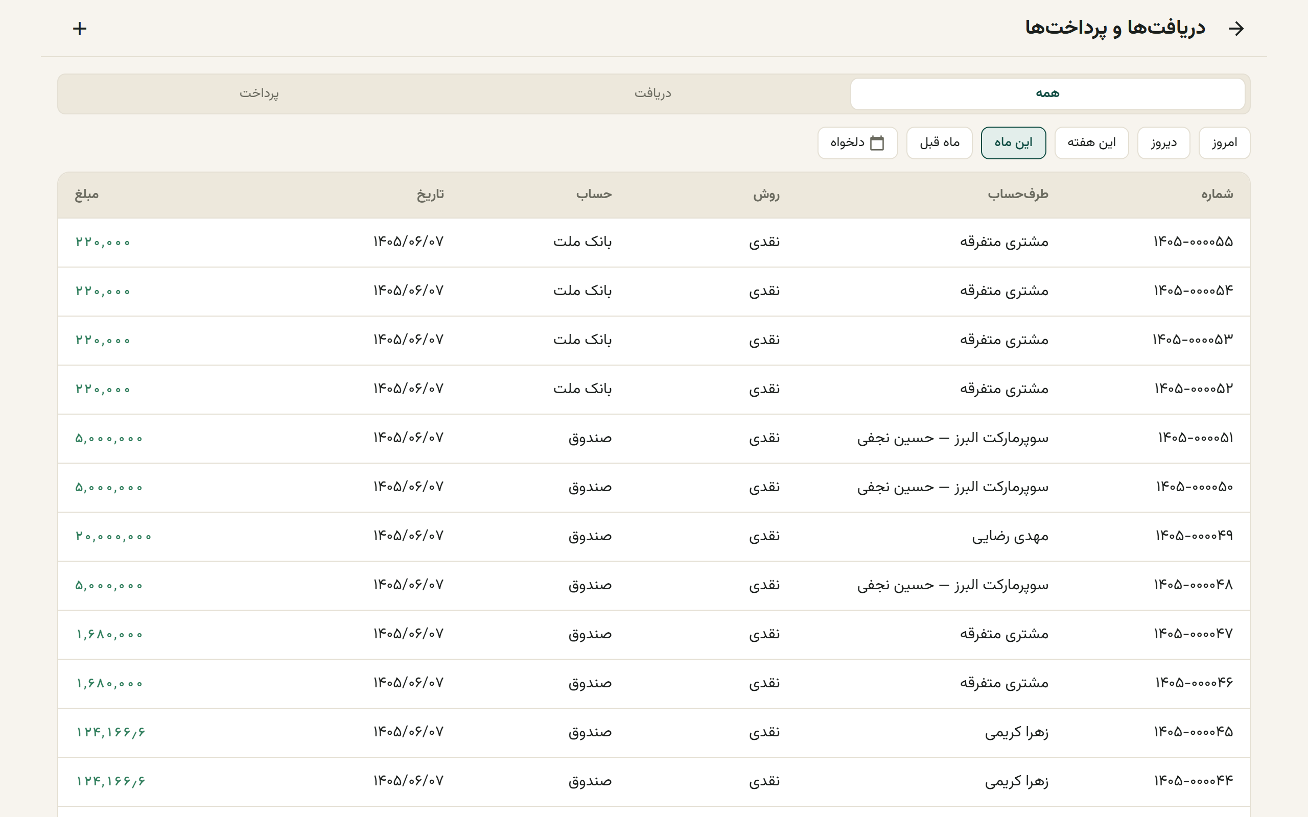 فهرست دریافت‌ها و پرداخت‌ها با تب جهت و چیپ‌های بازهٔ زمانی